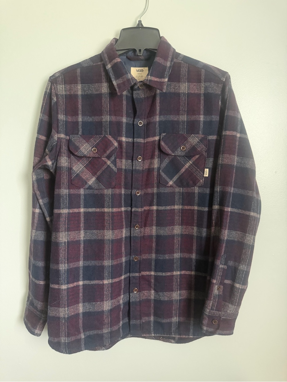 Vans Men’s Plaid Flannel Wool blend Button Down Shirt Navy & Burgundy size small